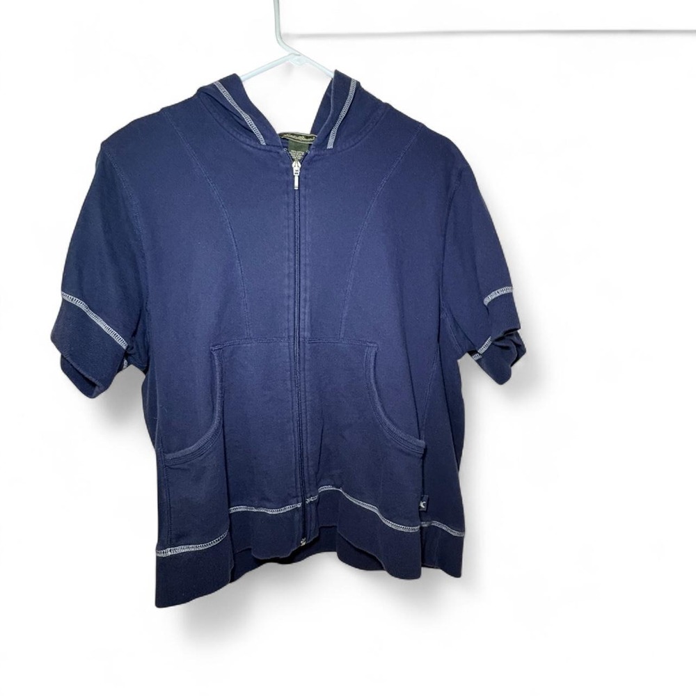 Eddie Bauer Navy Blue Cotton Zip Up Hoodie with White Stitching Size XL